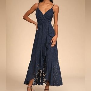 Near Your Heart Navy Blue Burnout Floral High-Low Dress$78